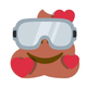A mashup of the smiling emoji with three hearts, the poop emoji, and the goggles emoji.